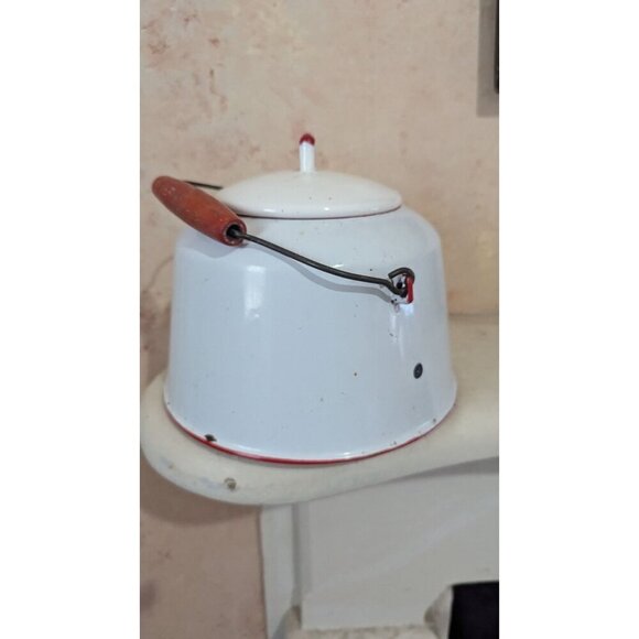 Vintage Enamel White Teapot With Red Trim & Wooden Handle - Picture 4 of 13